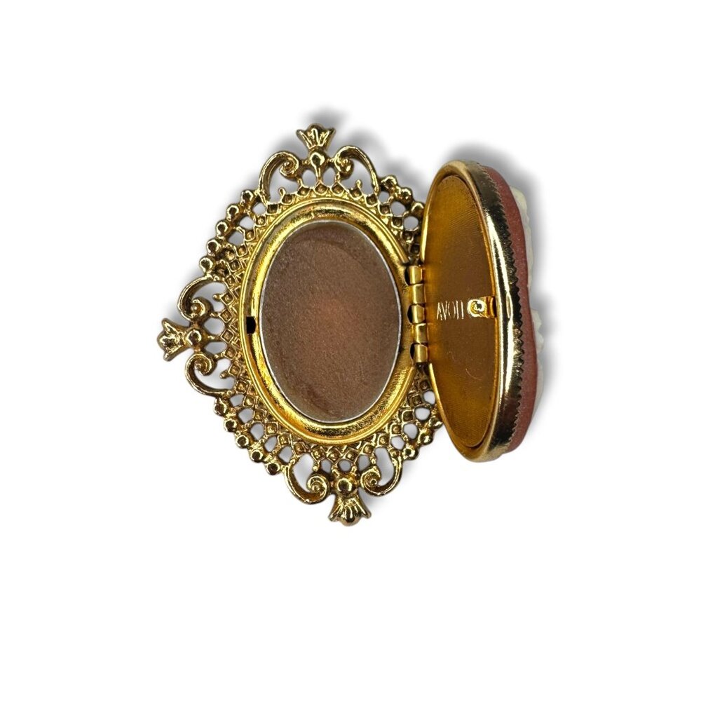 Vintage Avon Gold Tone Cameo Perfume Solid Locket Brooch - Picture 3 of 10